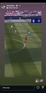 Ben Shelton's Instagram Story featuring girlfriend Trinity Rodman's goal against Brazil on Saturday, April 5, 2025 (Source: Instagram/benshelton)